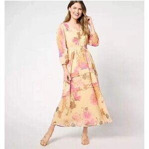 Destination 365 Regular‎ Floral Clip Dot Chiffon Maxi Dress Yellow Floral M